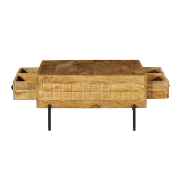 Couchtisch - Mangoholz Gestreift, Blockmuster Design, Vier Schubladen, 80 cm – Brandy | Starfurn