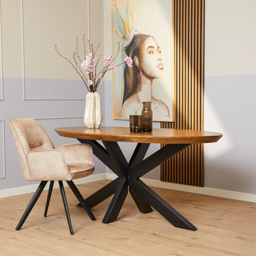 Esszimmertisch - Mangoholz massiv, Ovale Form, Matrix Gestell, 160 cm – Brandy | Starfurn