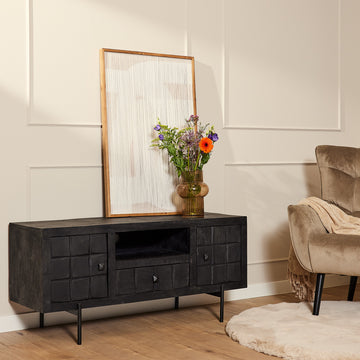 TV-Möbel - Mangoholz Schwarz, Blockmuster, Metallbeine, 120 cm – Brandy | Starfurn
