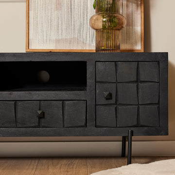 TV-Möbel - Mangoholz Schwarz, Blockmuster, Metallbeine, 120 cm – Brandy | Starfurn