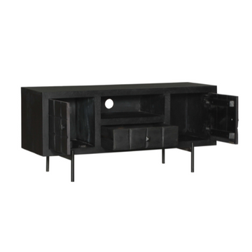 TV-Möbel - Mangoholz Schwarz, Blockmuster, Metallbeine, 120 cm – Brandy | Starfurn