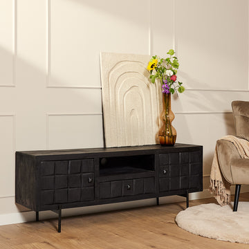TV-Möbel - Mangoholz Schwarz, Blockmuster, Metallbeine, 150 cm – Brandy | Starfurn