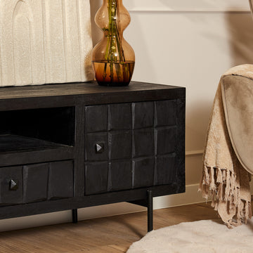 TV-Möbel - Mangoholz Schwarz, Blockmuster, Metallbeine, 150 cm – Brandy | Starfurn