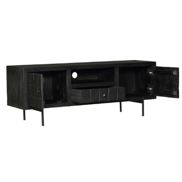 TV-Möbel - Mangoholz Schwarz, Blockmuster, Metallbeine, 150 cm – Brandy | Starfurn