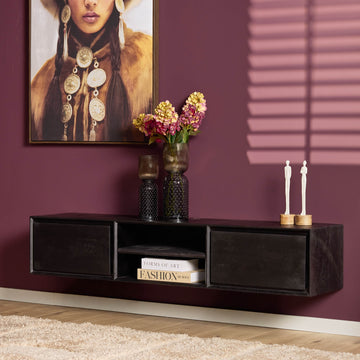 TV-Möbel - Mangoholz Schwarz, Grifflose Schubladen, Schwebendes Design, 160 cm – Ambiance | Starfurn
