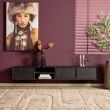 TV-Möbel - Mangoholz Schwarz, Grifflose Schubladen, Schwebendes Design, 200 cm – Ambiance | Starfurn