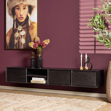 TV-Möbel - Mangoholz Schwarz, Grifflose Schubladen, Schwebendes Design, 200 cm – Ambiance | Starfurn