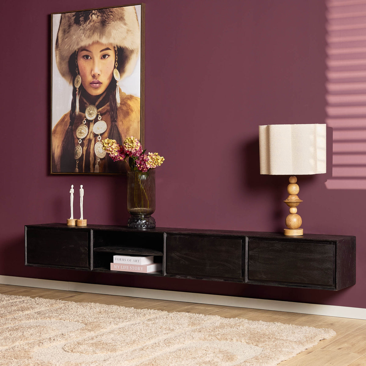 TV-Möbel - Mangoholz Schwarz, Grifflose Schubladen, Schwebendes Design, 240 cm – Ambiance | Starfurn