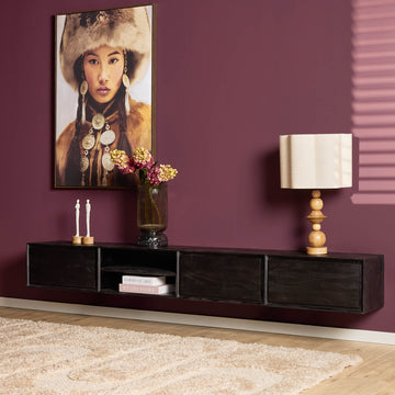 TV-Möbel - Mangoholz Schwarz, Grifflose Schubladen, Schwebendes Design, 240 cm – Ambiance | Starfurn