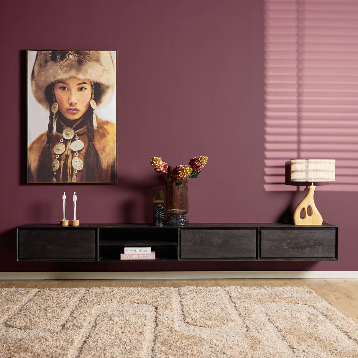 TV-Möbel - Mangoholz Schwarz, Grifflose Schubladen, Schwebendes Design, 280 cm – Ambiance | Starfurn