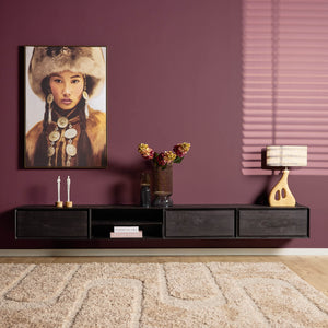 TV-Möbel - Mangoholz Schwarz, Grifflose Schubladen, Schwebendes Design, 280 cm – Ambiance | Starfurn