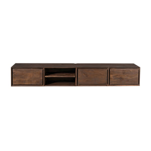 Floating TV Cabinet – Brown Mango Wood, Handleless Drawers, Open Compartments – Ambiance | Starfurn