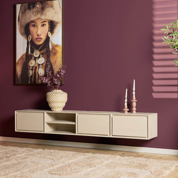 TV-Möbel – Schwebende Wandmontage, Sandfarbene Front, Grifflose Optik, 200 cm - Ambiance | Starfurn