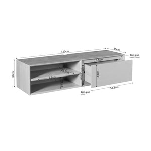 TV Unit – Mango Wood, Taupe, Wall-mounted, 2 Open Compartments, Handleless Drawer – Ambiance | Starfurn