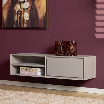TV-Möbel - Mangoholz Taupe, Grifflose Lade, Schwebendes Design, 120 cm – Ambiance | Starfurn