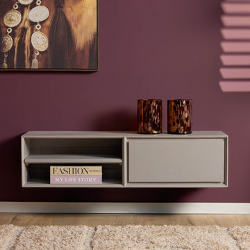 TV-Möbel - Mangoholz Taupe, Grifflose Lade, Schwebendes Design, 120 cm – Ambiance | Starfurn