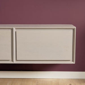 TV Unit – Mango Wood, Taupe, Wall-mounted, 2 Open Compartments, Handleless Drawer – Ambiance | Starfurn