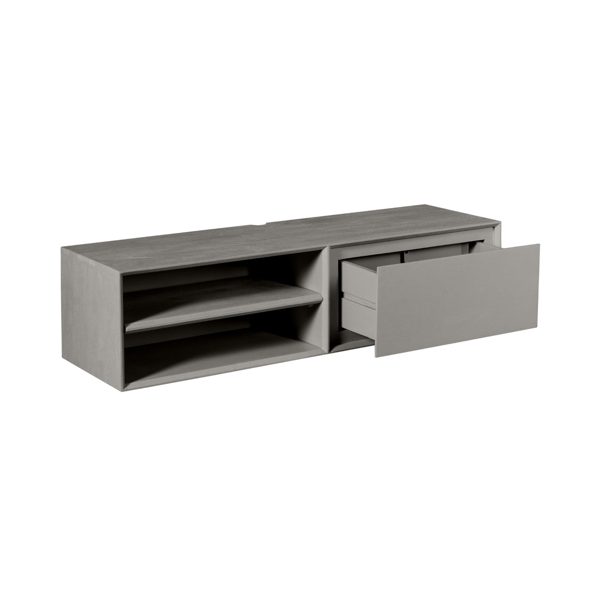 TV Unit – Mango Wood, Taupe, Wall-mounted, 2 Open Compartments, Handleless Drawer – Ambiance | Starfurn