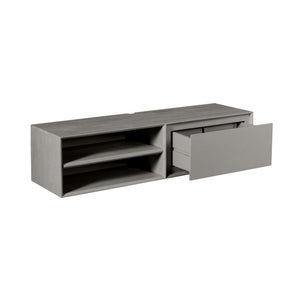 TV Unit – Mango Wood, Taupe, Wall-mounted, 2 Open Compartments, Handleless Drawer – Ambiance | Starfurn