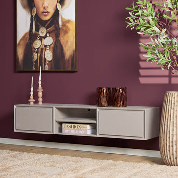 TV-Möbel - Mangoholz Taupe, Grifflose Schubladen, Schwebendes Design, 160 cm – Ambiance | Starfurn