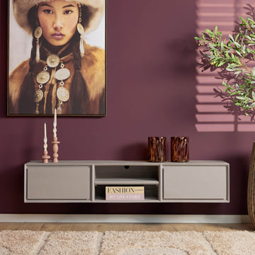 TV-Möbel - Mangoholz Taupe, Grifflose Schubladen, Schwebendes Design, 160 cm – Ambiance | Starfurn