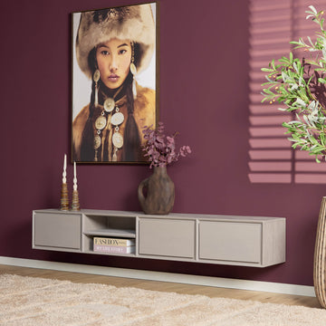 TV-Möbel - Mangoholz Taupe, Grifflose Schubladen, Schwebendes Design, 200 cm – Ambiance | Starfurn