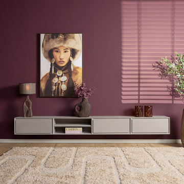 TV-Möbel - Mangoholz Taupe, Grifflose Schubladen, Schwebendes Design, 240 cm – Ambiance | Starfurn