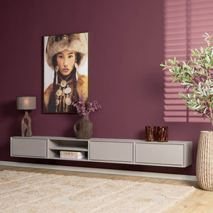 TV-Möbel - Mangoholz Taupe, Grifflose Schubladen, Schwebendes Design, 280 cm – Ambiance | Starfurn