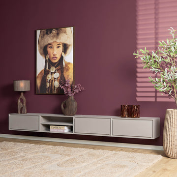 TV-Möbel - Mangoholz Taupe, Grifflose Schubladen, Schwebendes Design, 280 cm – Ambiance | Starfurn
