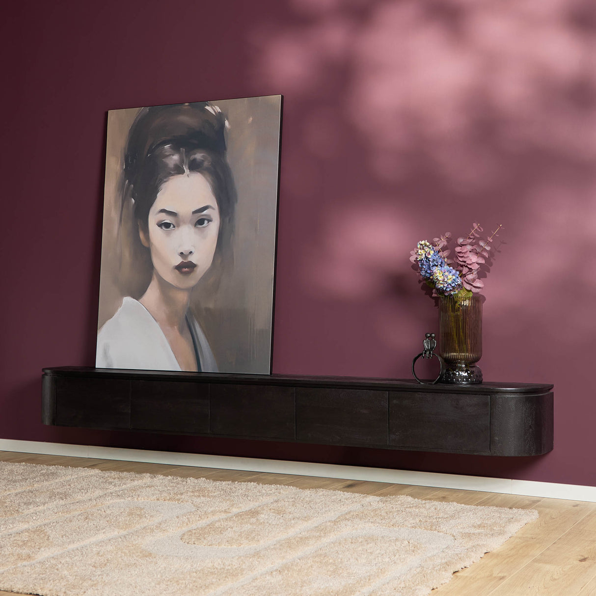 Floating TV Unit – Mango Wood, Black Finish, Five Doors – Excellent | Starfurn