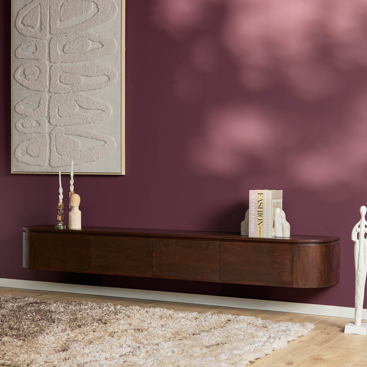 TV unit – Brown Mango Wood, Floating Design, Four Doors – Excellent | Starfurn