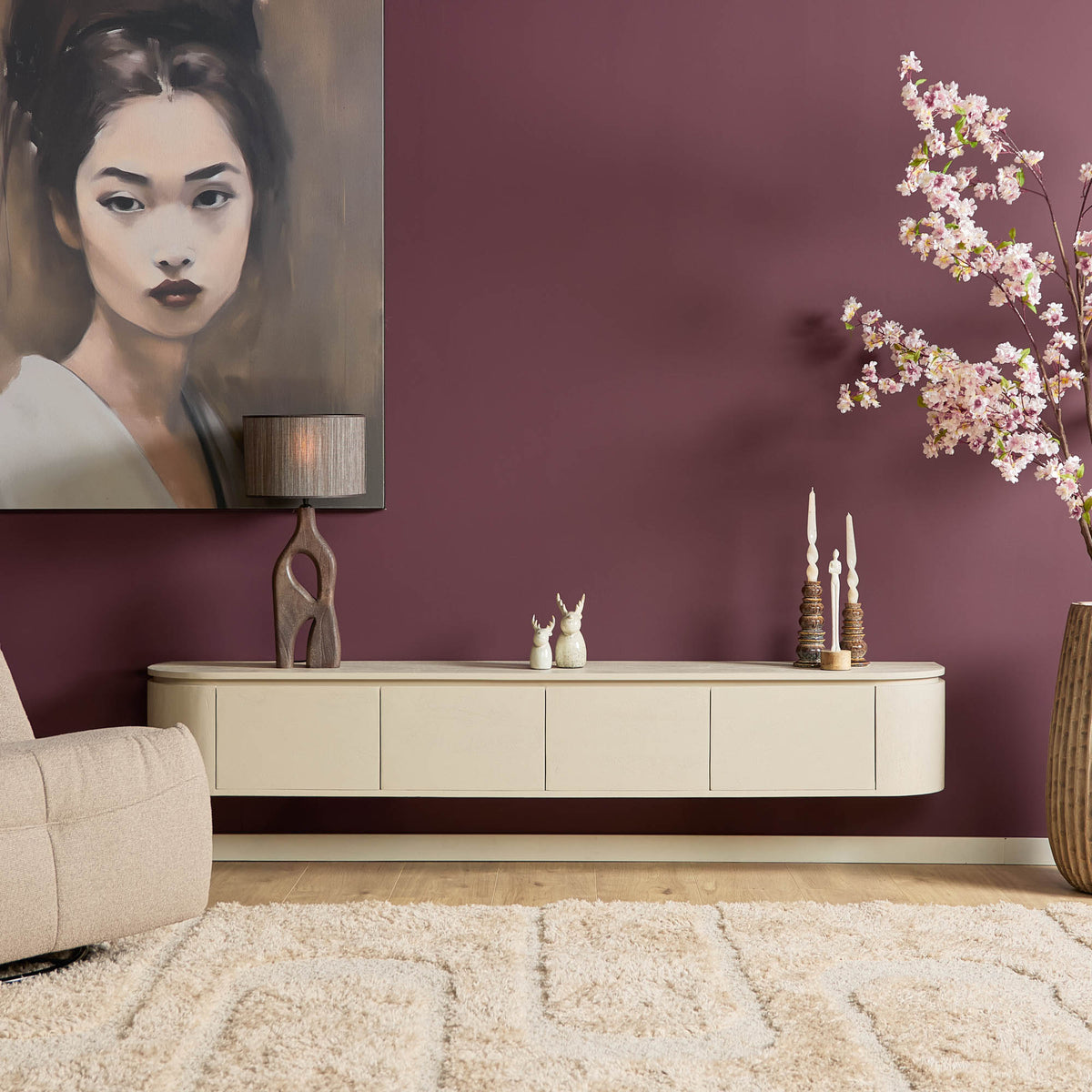 TV-Möbel - Mangoholz Sand, Schwebendes Design, Vier Türen, 200 cm – Excellent | Starfurn