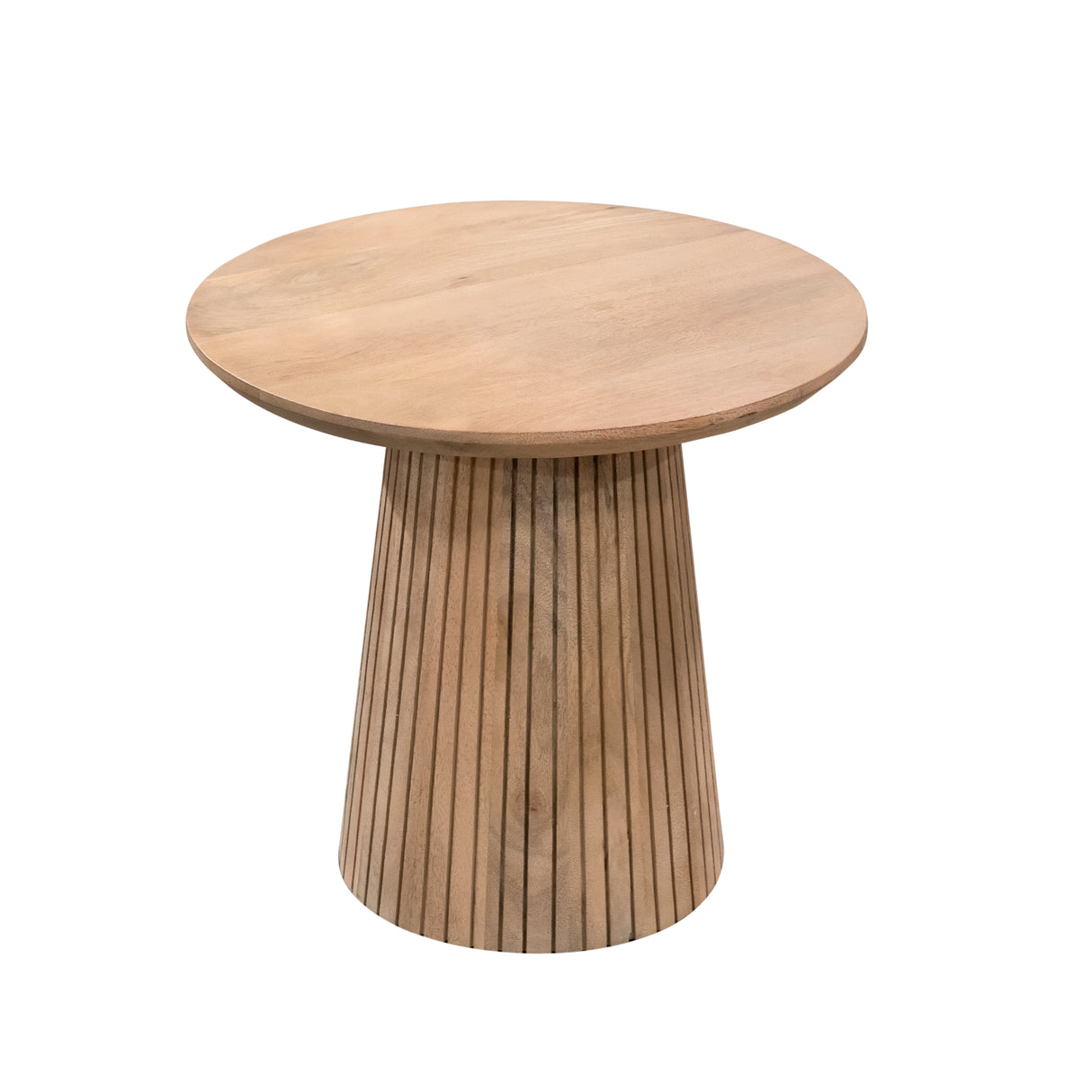Coffee table – Natural wood look, Round tabletop, Pedestal base with vertical slat pattern – Solana | Starfurn