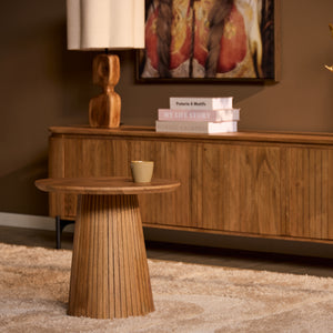Coffee table – Natural wood look, Round tabletop, Pedestal base with vertical slat pattern – Solana | Starfurn