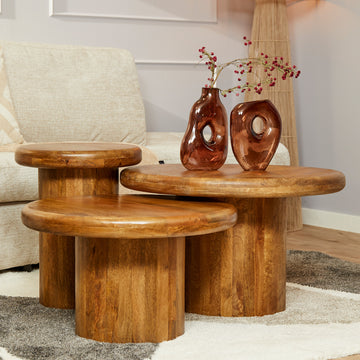 Couchtisch - Mangoholz Massiv, Runde Form, 3er-Set, 70 cm – Maya | Starfurn