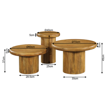 Couchtisch - Mangoholz Massiv, Runde Form, 3er-Set, 70 cm – Maya | Starfurn