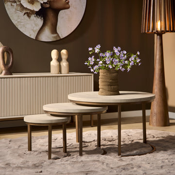 Coffee Table – Mango Wood Material, Bronze-colored Steel Legs, Round Design 3-piece Set – Madison | Starfurn
