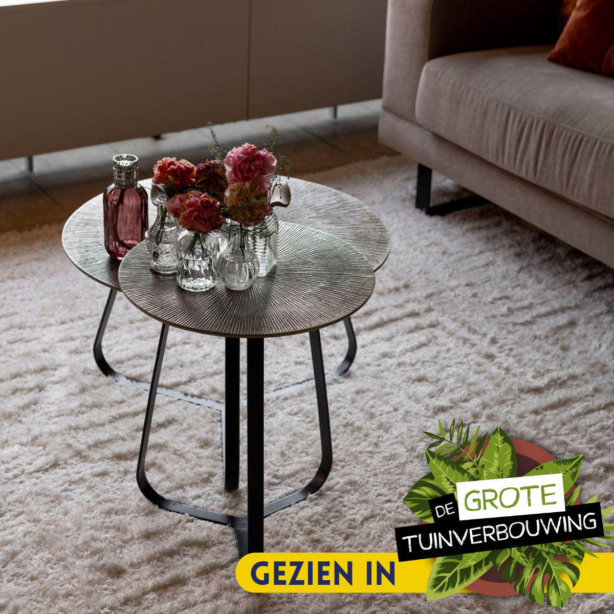 Couchtisch - Runde Form, Antikgoldene Aluminiumplatte, Schwarzes Eisengestell, 40 cm – Kate | Starfurn