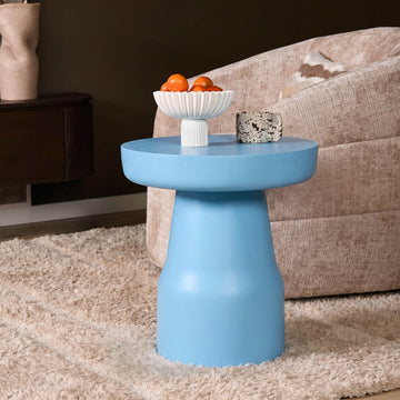 Beistelltisch - Mangoholz Blau, Runde Form, Trommel Design – Drum | Starfurn