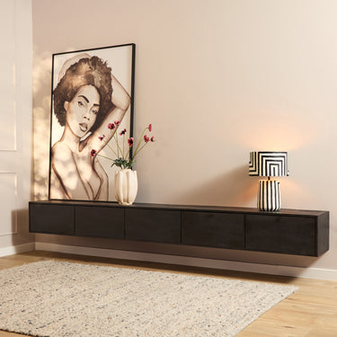 Floating TV Unit – Mango Wood, Black, Push-to-Open – Vision | Starfurn