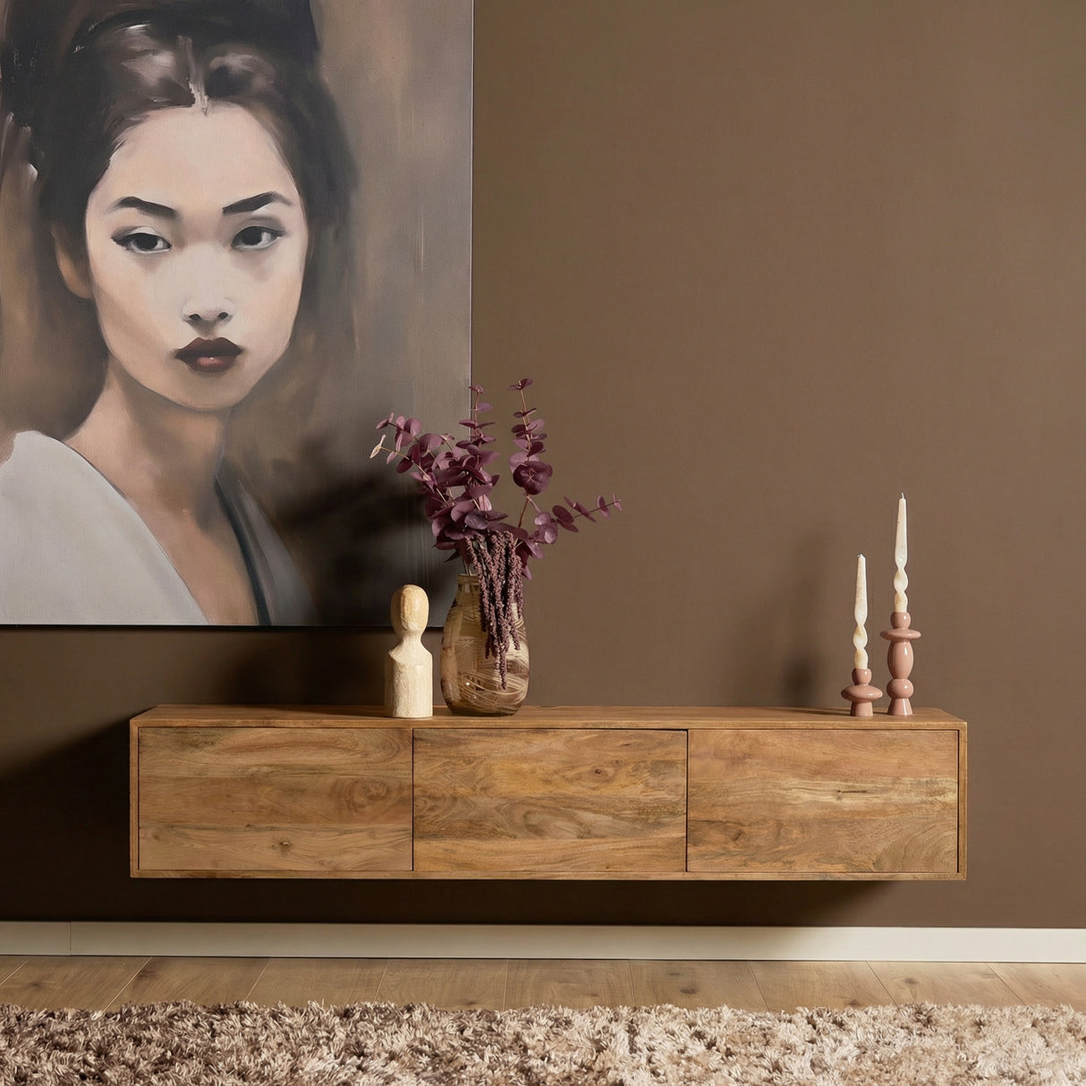 Floating TV Unit - Light Mango Wood, Clean Lines, Handleless Doors - Vision | Starfurn