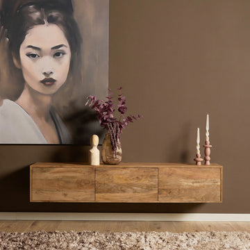 Floating TV Unit - Light Mango Wood, Clean Lines, Handleless Doors - Vision | Starfurn
