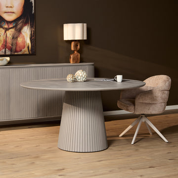 Esszimmertisch – Runde Form, Taupefarben, Lattenmuster – Solana | Starfurn