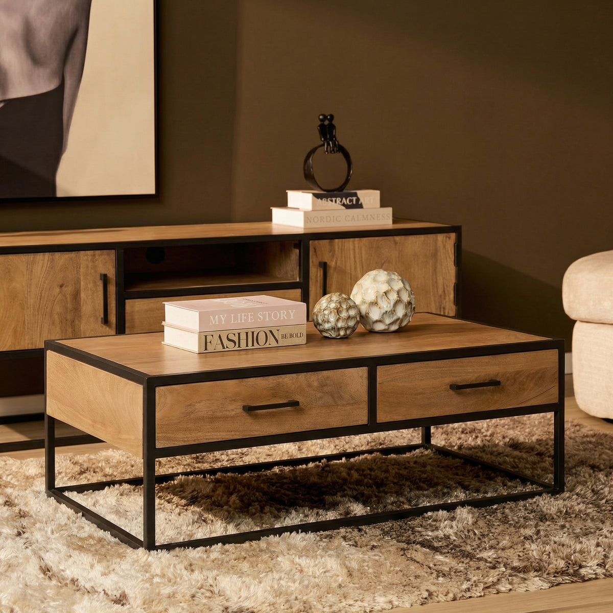 Coffee Table – Rectangular Design, Mango Wood, Drawers – Dakota | Starfurn