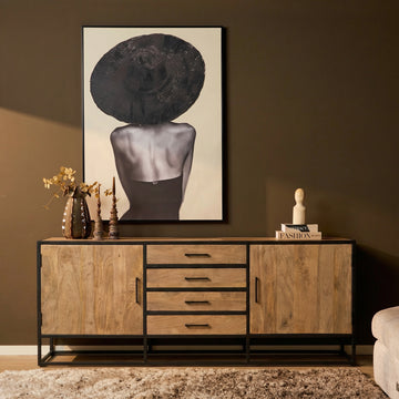 Sideboard – Mangoholz, Schwarzmetall, Holzstreifen – Dakota | Starfurn