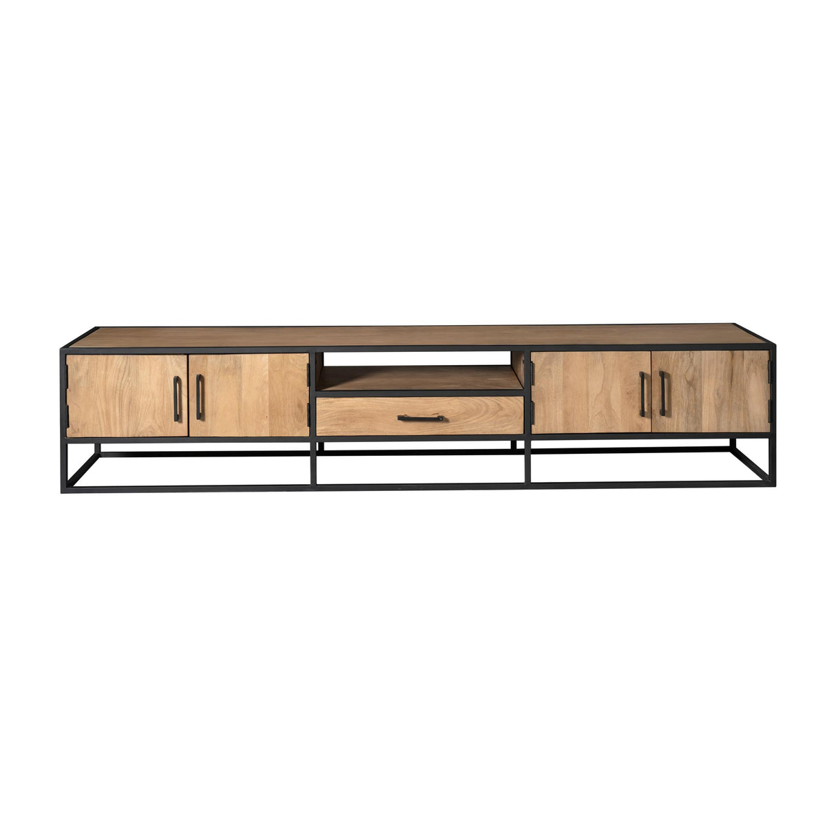 TV Stand – Mango Wood Material, Black Metal Frame, Striped Wood Design – Dakota | Starfurn