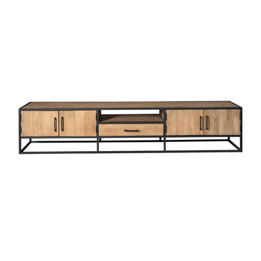 TV Stand – Mango Wood Material, Black Metal Frame, Striped Wood Design – Dakota | Starfurn