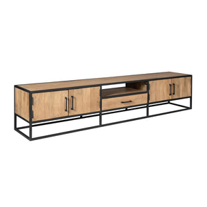 TV Stand – Mango Wood Material, Black Metal Frame, Striped Wood Design – Dakota | Starfurn