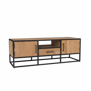 TV Unit – Light Mango Wood, Black Metal, Modern Wood Inlay – Dakota | Starfurn