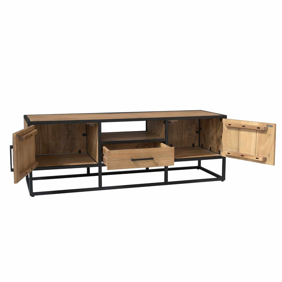 TV Unit – Light Mango Wood, Black Metal, Modern Wood Inlay – Dakota | Starfurn